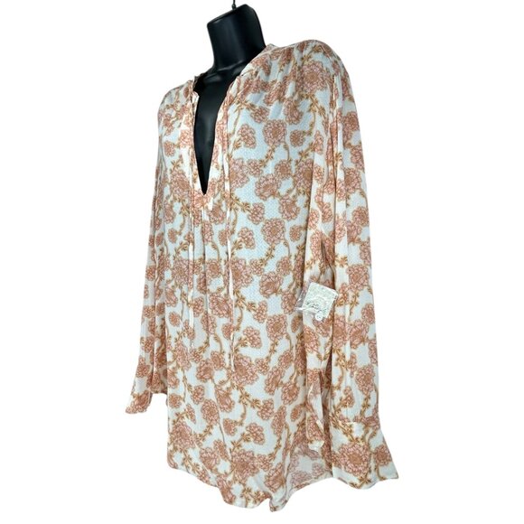 FREE PEOPLE Mia Tunic Top Sz M Pink Beige Floral VNeck Tie Front Viscose Woven - Picture 12 of 16
